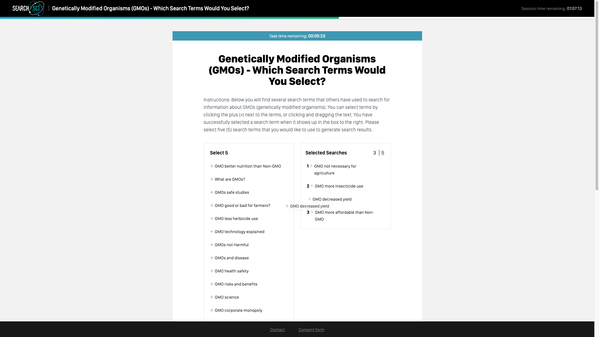 Search selection task: entry